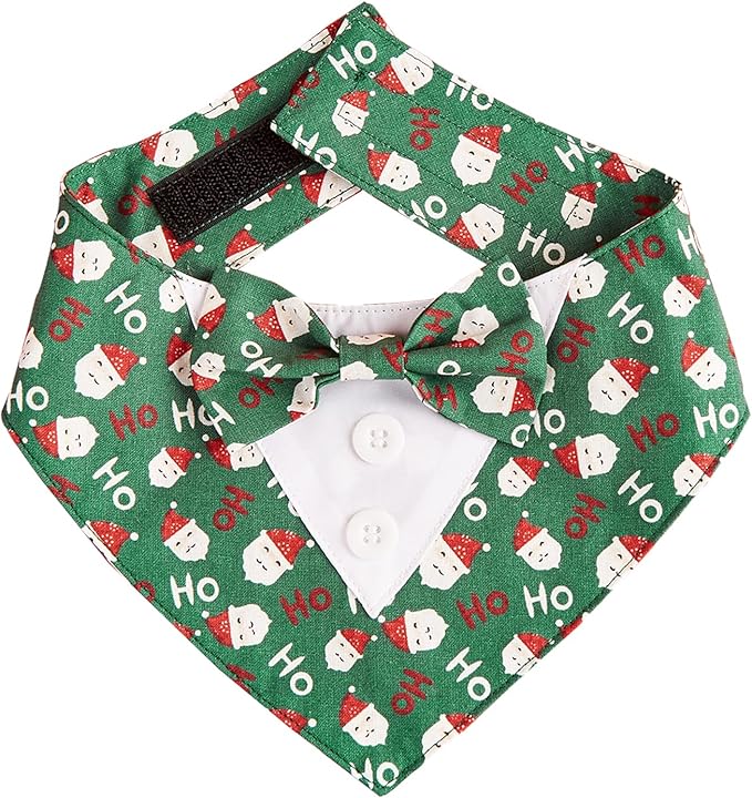 Adjustable Green Santa Christmas Dog Tuxedo Bandana with Bow Tie - Holiday Pet Outfit Costume for Dogs XS to XL