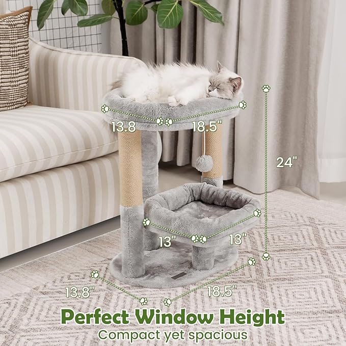 Cat Tree for Indoor Cats, 2-Tier Cat Tower with Padded Donut Beds, Stable Structure, Sisal Scratching Posts & Hanging Ball Toy, Modern Cat Furniture (Light Grey)