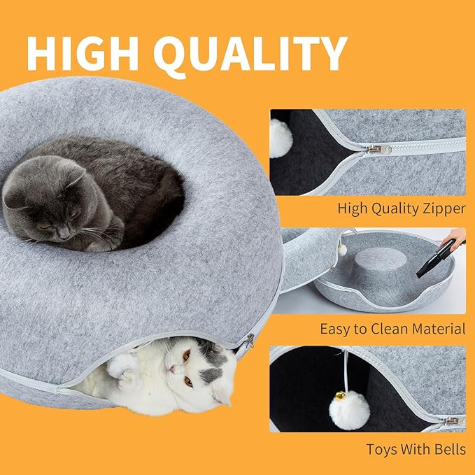 Peekaboo Cat Tunnel for Large Cats up to 10 lbs, Features A Jingle Ball, Removable and Washable Tunnel Bed, and a Cozy Donut Tunnel (Light Gray, 20 Inches)