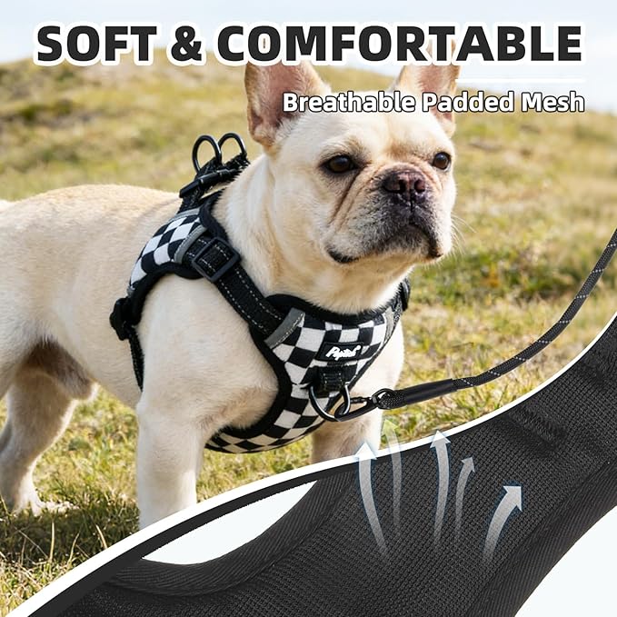 PUPTECK No Pull Dog Harness Small Sized Dog, Adjustable Reflective Escape Proof Easy Control, Comfortable Soft Padded Step in Pet Vest Harness, Black&White Checkered, M