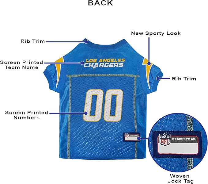 Pets First NFL Los Angeles Chargers Dog Jersey, Size Large, Football Shirt Costume for Pet, Dog Sports T-Shirt, NFL Team Clothing for Cats, Licensed Pet Apparel Available in 7 Sizes and 32 Teams
