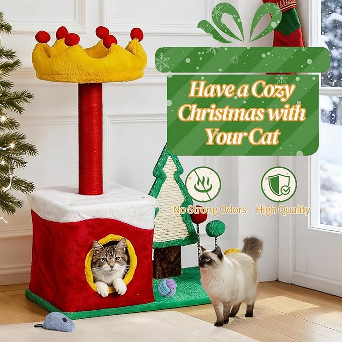 Christmas Decorations, Christmas Cat Tree with Crown Perch, 29.5in Festive Cat Tower with Sisal Scratching Ramp & Hanging Toys, Small Holiday Cat Condo for Indoor Cats, Christmas Decor for Pet
