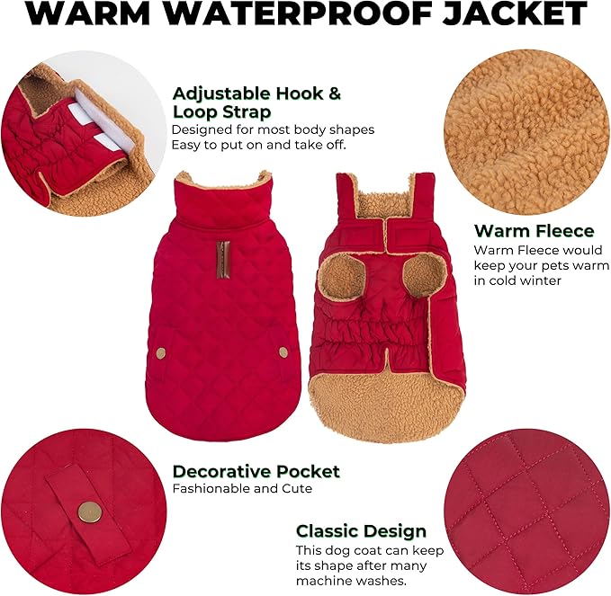 Dog Winter Coat, Warm Dog Jacket Windproof Waterproof Pet Cold Weather Coats for Small Dogs, Turtleneck Fleece Lined Dogs Clothes with Leash Hole, Red Medium