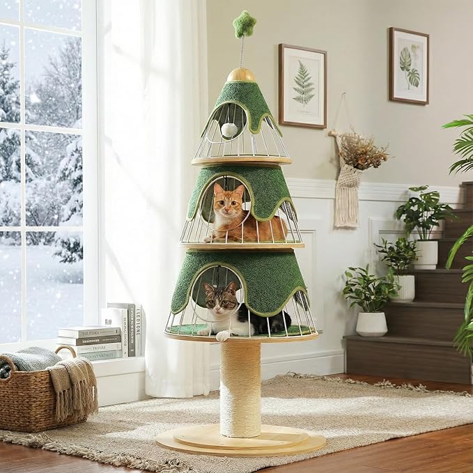 Modern Cat Tree-51.2" Cat Christmas Tree w/Thick Scratch Post(φ5.4in), Wood Cat Tower w/ 3 Condos-Heavy Duty Furniture w/Metal Frame & Replaceable Mat for Indoor Kitty, Green
