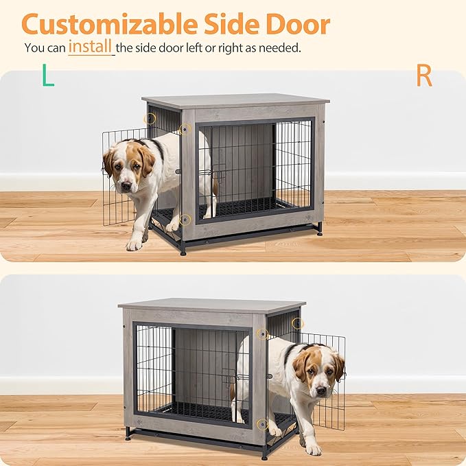 Shintenchi Dog Crate Furniture, Double-Doors Kennel Indoor with Removable Tray, End Table Dog House for Small Medium Breed, 32.5" L, Grey