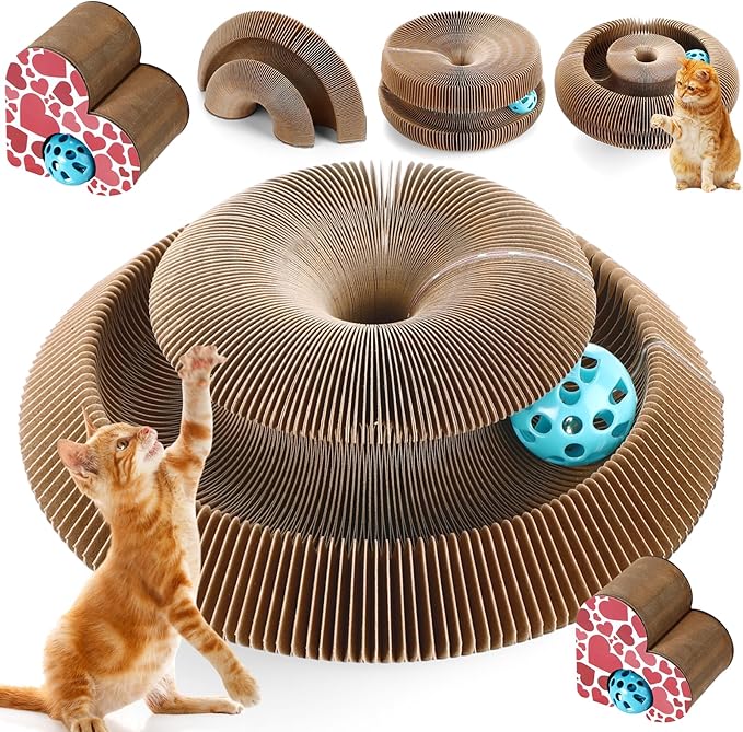 Soulchen 1 Pcs Heart-Shaped Magic Organ Cat Scratching Board, Combinable Cat Toy for Adult Pets, Interactive Cardboard Kitty Scratcher with Bell Ball, Foldable Accordion Scratch Pad