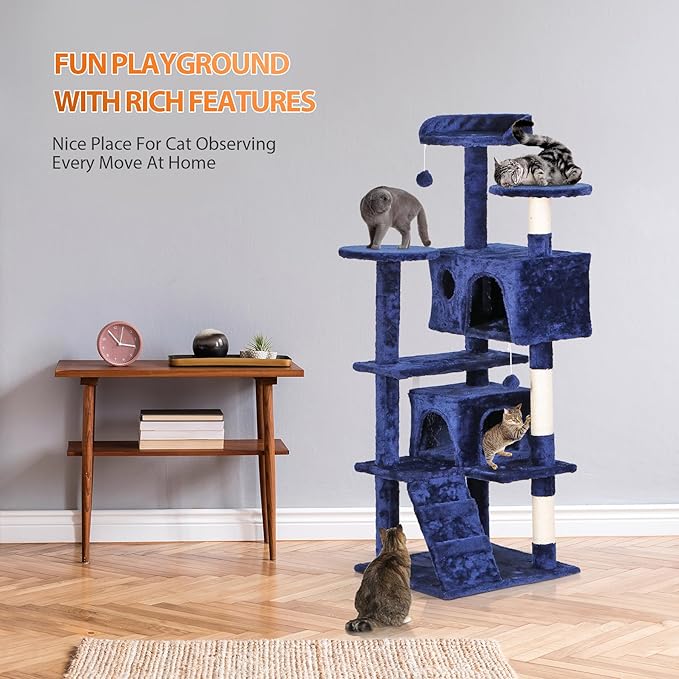 ZENY 53 inches Cat Tree with Sisal-Covered Scratching Posts and 2 Plush Rooms Cat Furniture for Kittens (Navy Blue)