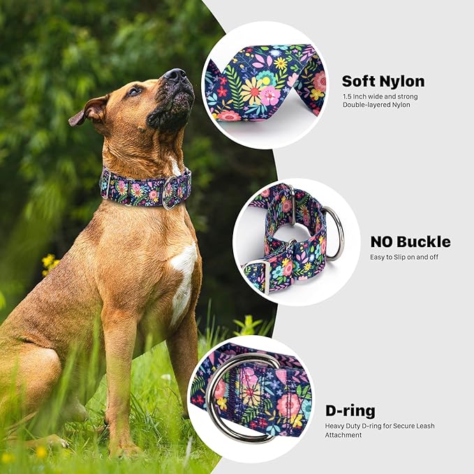 Wide 1.5 Inch Martingale Dog Collar - No Pull & Escape Proof Training Collar for Large Dogs,Adjustable Flower Pattern Thick Slip Collar (Flower,Medium)
