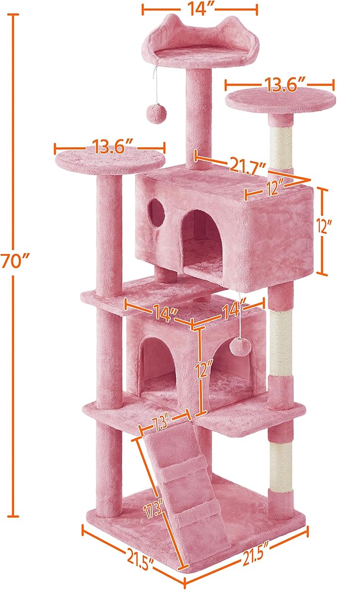 Topeakmart 70in Cat Tree, Multi-Level Cat Tower with Scratching Post Dangling Ball and Condos Cat Furniture for Indoor Cats, Pink