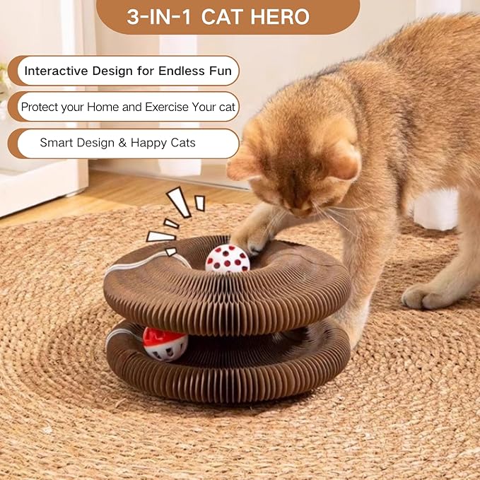 Kitty Kurlz Cat Toy, Magic Organ Cat Scratch Board, Compact Cats Accordion Toy, Foldable Interactive Cardboard Cat Scratcher Pad Toys with 1 Bell Balls for Indoor Cats