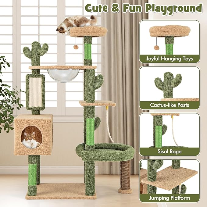 PETSITE 59 inch Cactus Cat Tree Tower, Multi-Level Cat Tower with Sisal Scratching Posts, Board and Rope, Cat Condo, Capsule Bed, Hanging Ball and Self Groomer, Cute Cat Tree for Indoor Cats