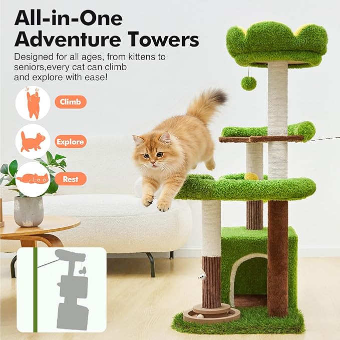 Cat Tree Tower with Large Cat House,Three Platforms Jumping and Sleeping for Cats Multi-Functional for Kittens and Adult Cats (Green)