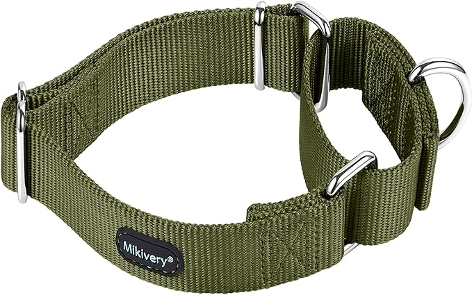 Mikivery Martingale Dog Collar Nylon Adjustable and Safety Training Colourful Comfortable Metal Buckle Pet Collars for Small Medium and Large Dogs(Military Green,L)