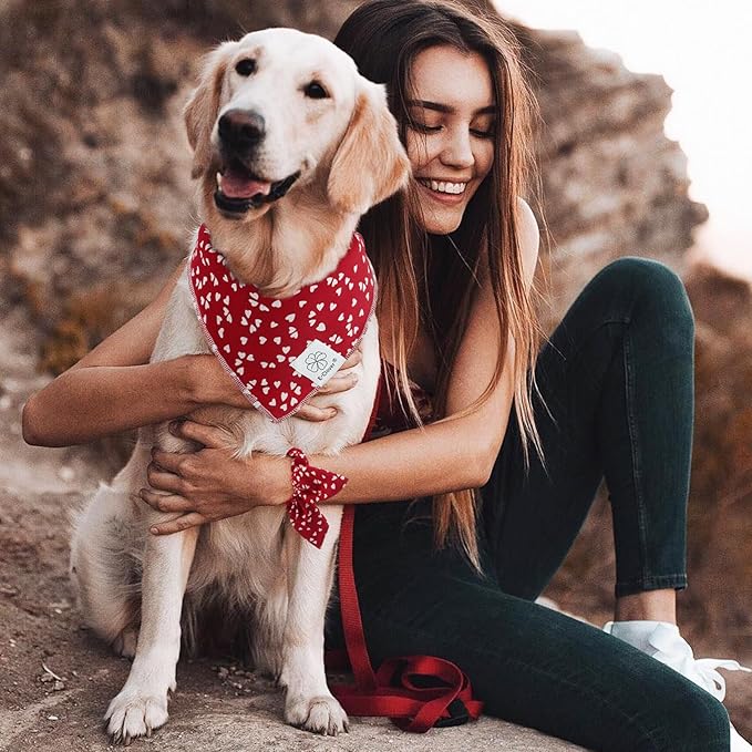 E-Clover Mother's Day Dog Bandana & Matching Scrunchie-Heart Dog Bandanas Red Pet Scarf Bib for Small Dogs Puppy Girl Boy Owner Valentines Mom Gift