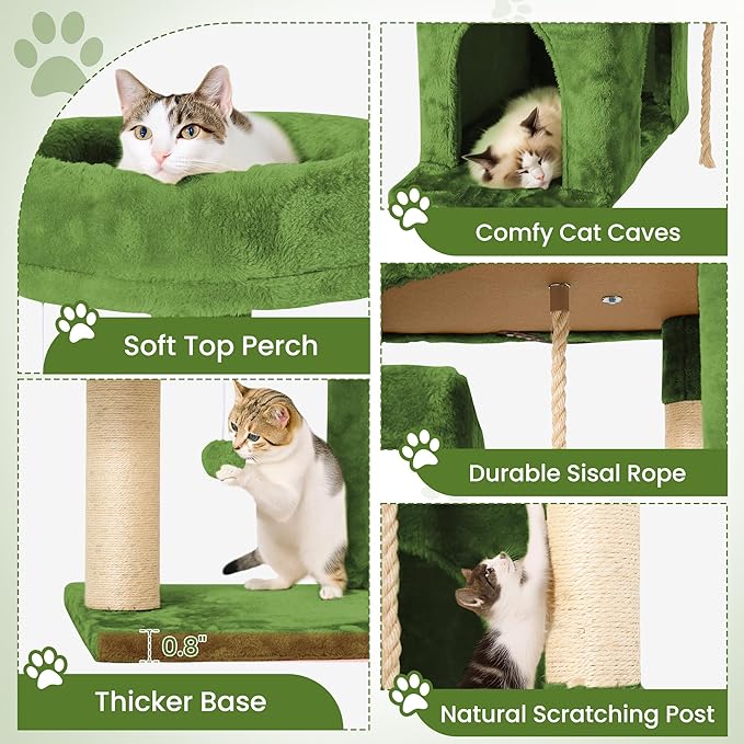 58.5inch Large Cat Tree Tower Condo for Indoor Cats, Soft Plush Multi-Level Climbing Tree Cat House with Cat Cave, Scratching Post, More Entrance/Exit, Sisal Rope, Green