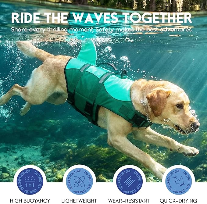 ASENKU Dog Life Jacket - Pet Safety Vest for Swimming & Boating, Shark Life Jacket with Floatation, Dog Lifesavers Swimsuits for Small Medium Large Dogs (MintMix, L)