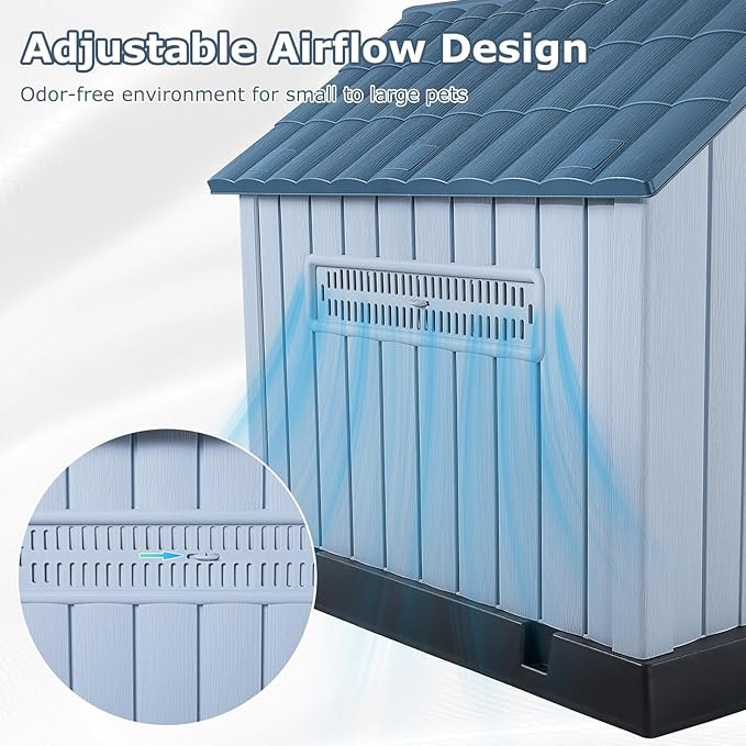 LEMBERI Durable Waterproof Plastic Dog House for Small to Large Sized Dogs, Indoor Outdoor Doghouse with Air Vents and Elevated Floor, Easy to Assemble (Blue, 40" L x 37.2" W x 40" H)