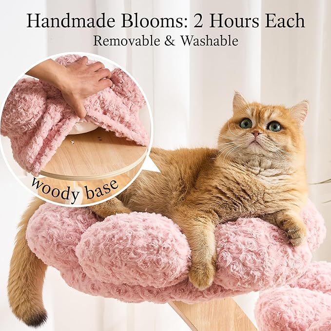 797Audio Flower Cat Tree, 48" Wood Branch Cat Tower, Pink Cloud Cat Tree with Scratching Post for Indoor Adult Cats, Luxury Cat Tree with Cozy Perches & Interactive Squeaky Hanging Toy