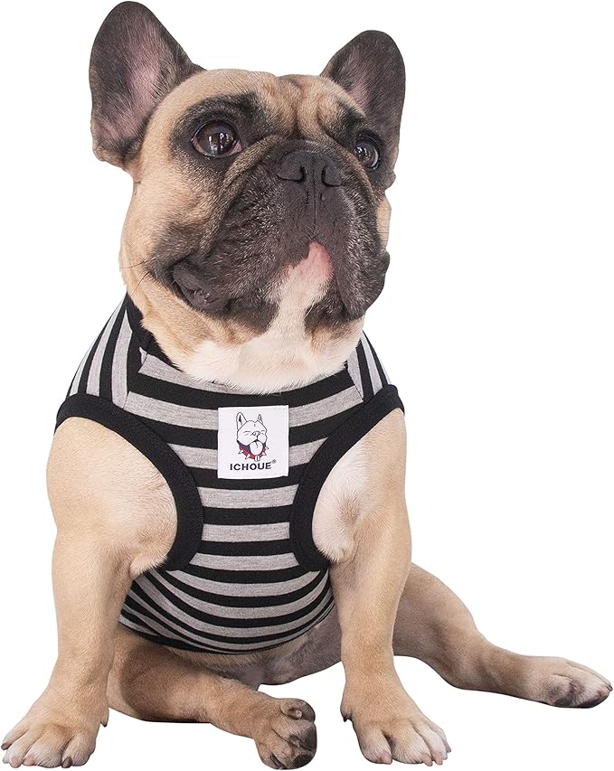 iChoue English Bulldog 100% Breathable Cotton Striped T Shirts Halloween Vest Clothes for Medium Dogs Tank Tops French Frenchie Pug Boston Terrier Pitbull Grey Black Stripes - XXLarge