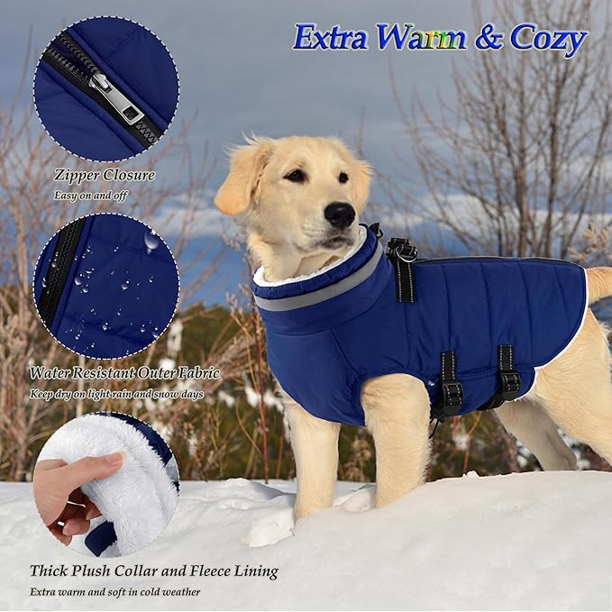 Dogcheer Dog Coat, Waterproof Dog Jacket with Harness, Reflective Adjustable Puppy Winter Coat with Zipper, Christmas Snow Jacket Clothes for Small Medium Large Dogs - Blue S