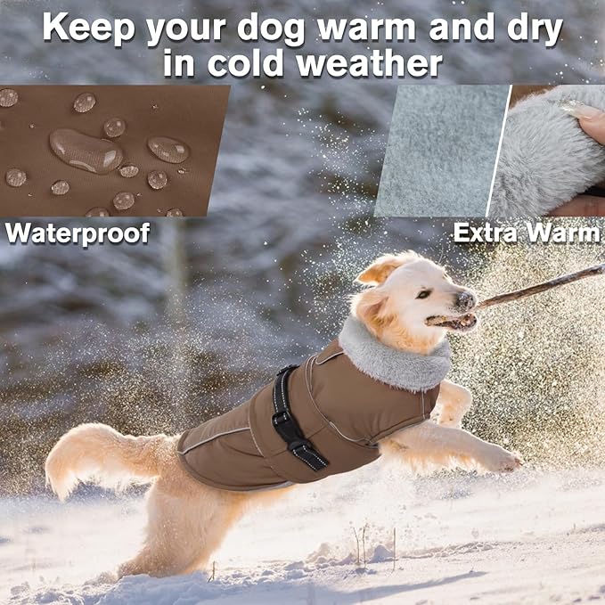 Lelepet Warm Dog Coats for Medium Dogs Waterproof Dog Jacket Reflective Pet Fleece Vest Windproof Cold Weather Coats with Adjustable Buckle & Leash Hole, Brown, M