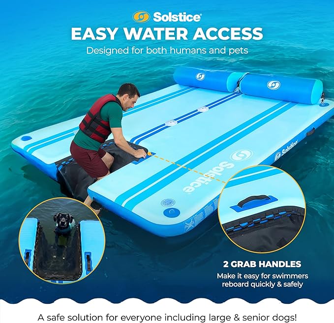 SOLSTICE Party Plank 6-8 Person Rise Inflatable Dock, Floating Water Raft Platform, 10ft x 8ft - Outdoor Fun for Lake, River, Swimming Pool & Beach, Includes Backrests, Threaded Ports, & Carry Bag