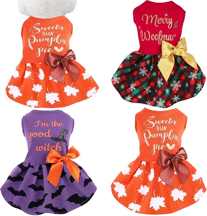 Abbylike 3 Pcs Seasonal Dog Outfits Christmas Halloween Thanksgiving Pet Costume Cotton Holiday Puppy Dress Lightweight Pet Apparel with Bowknot for Large Medium Cat Clothing, Large
