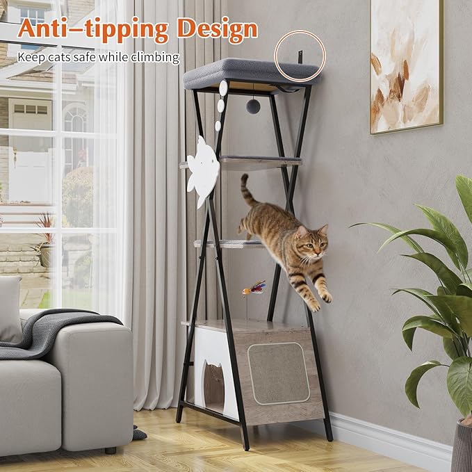 HavenlyYouth Modern Cat Tree for Indoor Cats, Tall Cat Tower with Condo, Multi-Level Cat Tree with Cave, Scratching Board,Removable Pads for Cats, X Style, Light Gray
