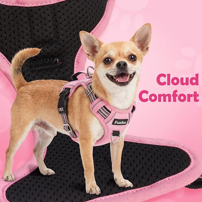 Funfox Dog Harness Medium No Pull, Adjustable 2 Clips Anti-Pull Vest with Practical Handle, Breathable Padded Pet Harness Designed for Small/Large Breeds, Reflective Training Walking Pink M