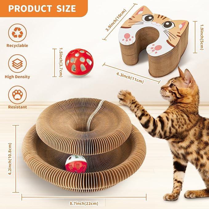 Collapsible Cats Cardboard Scratcher, Interactive Cat Toys for Indoor Cats, Scratch Pad Shape Shifting Ball Track with Bell, Magic Organ Cat Toy for Chase & Scratch Paw Easter Toys for Kitties Cat