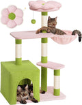 Flower Cat Tree for Indoor Cats, 2-Door Large Cat Condo Cave Bed for Big Adult Cats, 41.2'' Cute Cat Tower with Scratching Posts, Cozy Floral Perch and Hammock for Kittens, Green Pink
