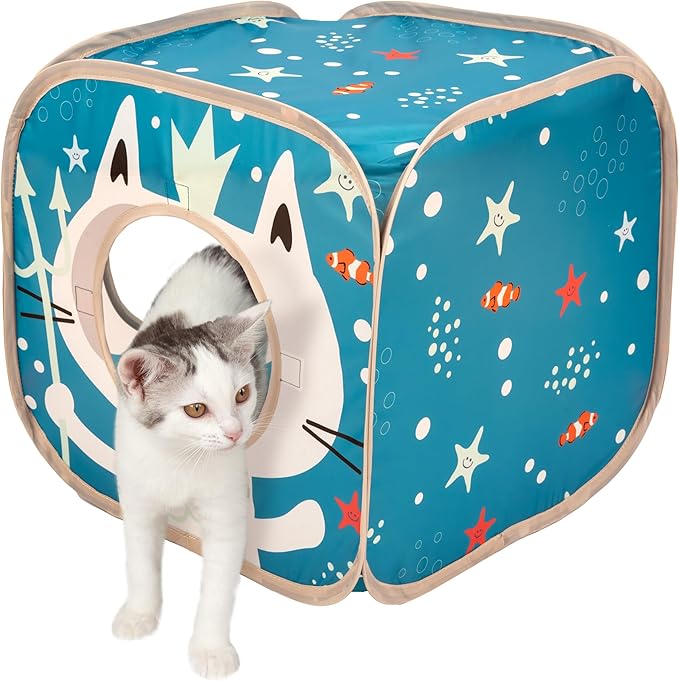 Kitty City Ocean-Themed Pop-Up Cat Play Cube, Collapsible Indoor Cat Hideout with Peekaboo Openings, Lightweight Foldable Cat Cube for Play & Lounging