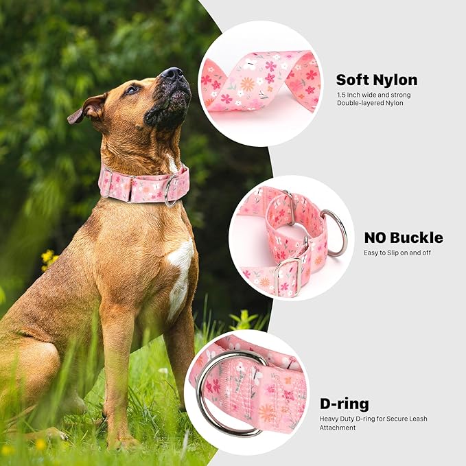 Martingale Collar for Dogs, Heavy Duty Adjustable Soft Nylon Dog Collars with Pink Flower for Medium & Large XL Dogs (Pink Flower,L)