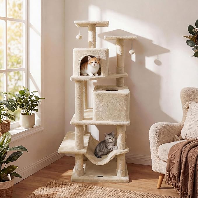 PETSITE 57-inch Modern Cat Tree, Multi-Level Cat Tower with 2 Comfy Condos, Sisal Scratching Posts, Plush Top Perch, Snug Hammock, and Dangling Balls, Ideal for Indoor Cats and Kittens (Beige)