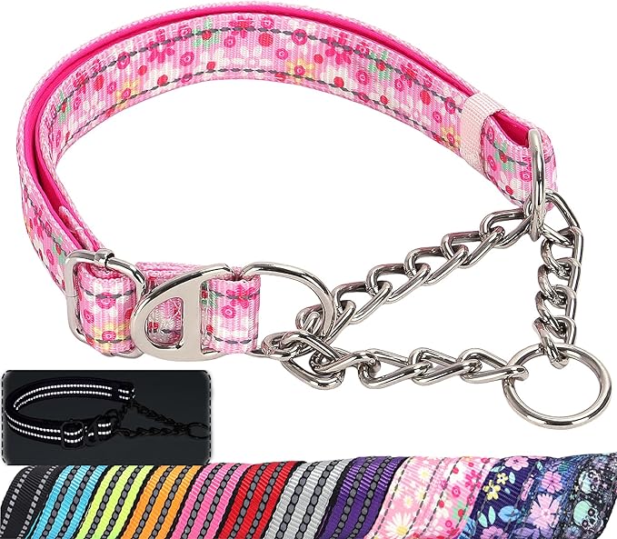 Reflective Martingale Dog Collar with Soft Padded,Adjustable Heavy Duty Choke Steel Chain Big Dog Training, Walking, Hunting Collar for All Breeds (Pink Flowers XXL)