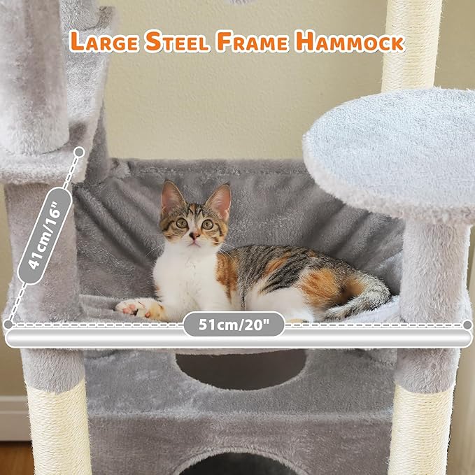 PAWZ Road Large 72 Inch Cat Tree and Tower for Indoor Cats - With Sisal-Covered Scratching Posts, Padded Perches, Condos, and Basket - Gray