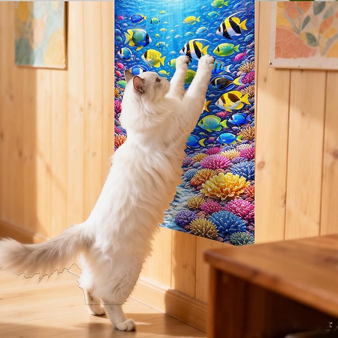Nuxovilar Cat Scratching Mat 15.3x23.6 Inches Polyester Synthetic Fiber, Underwater Coral Reef Print, wall cat Scratcher, Scratch pad, Home Decor, Bathroom, Coastal Themed Room (2pcs)