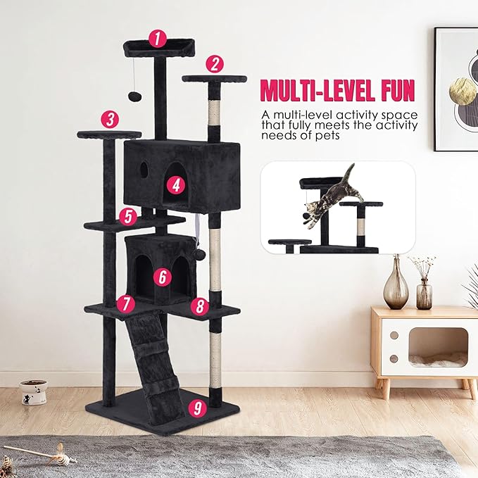 24/7 Shop at Home Court 70 inch Multi-Level Cute Cat Tree Tower with Dangling Ball and Scratching Posts for Indoor Cats Adults, Kitten Supplies, Pet House, Dark Gray