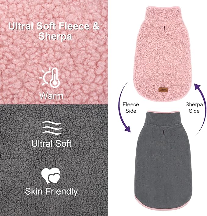 cyeollo Warm Dog Sweater Coat Jacket Thickened Thermal Sherpa Sweaters Reversible Fleece Vest Pet Clothes for Cold Weather Winter Dog Coats for Small Dogs Girl, Pink M