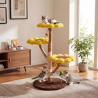 Morden Cat Tree for Indoor Cats, Aesthetic Cat Tree w/Natural Solid Wood Scratching Post, Sunflower Cat Tower with 2 Hanging Toy Ball for Multi-Cat Households, 3 Flower Perches