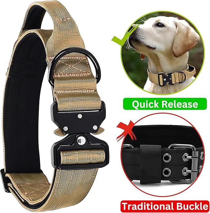 Heavy Duty Tactical Dog Collar, Adjustable Nylon with Metal Buckle, Multiple Colors (Tan, XL)