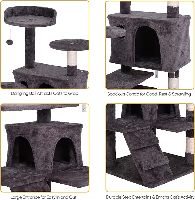 ZENY 54 Inch Cat Tree, Indoor Cat Tower Condo, Multi-Level Cat House with Sisal-Covered Scratching Post + 2 Play House, Pet Cat Furniture, Grey