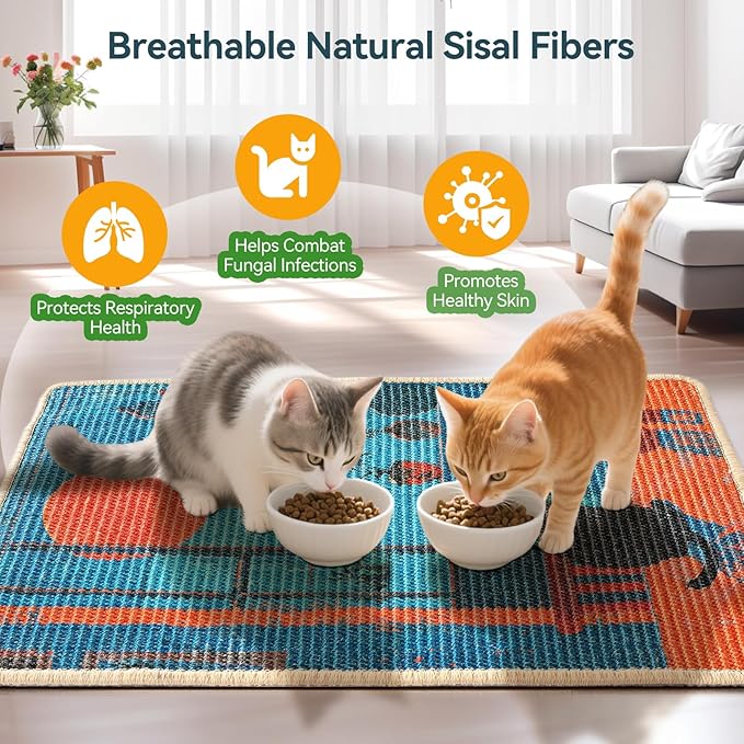 3-in-1 Sisal Cat Scratcher Mat 23.6x15.7'' – Floor & Wall Use with Sticker Tape, Protects Furniture, Couch & Carpet, Anti-Slip, Pet-Safe, Durable Scratch Rug Mat or Indoor/Outdoor Cats, Blue Silence