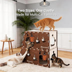 2-Story Large Cat Condo for Indoor Cats with Catnip Toy, Felt Cat Cave House with Scratching Tunnel, No-Tool Assembly Warm Silent Cat Bed for Multi-Cat Households, Durable and Washable, Coffee