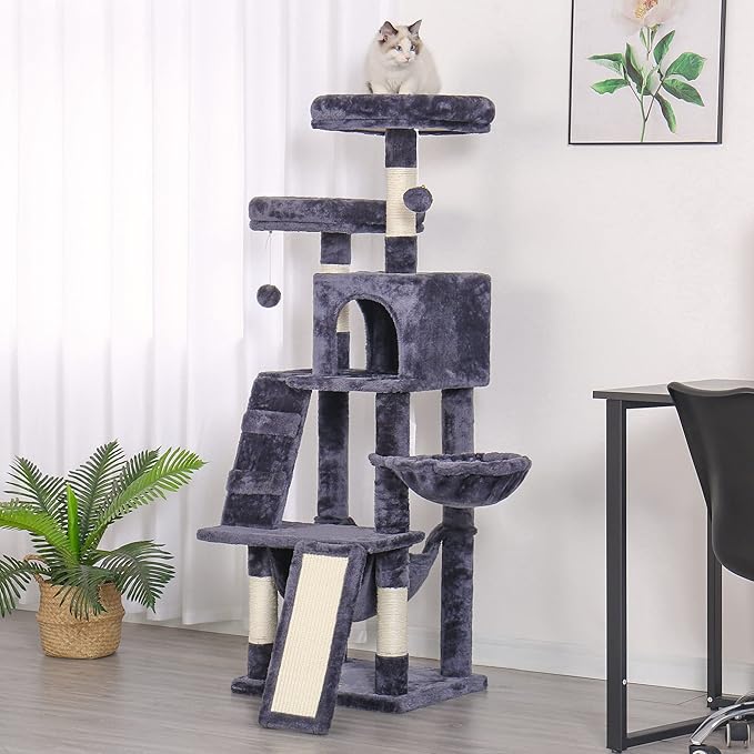 Heybly Cat Tree, Cat Tower for Indoor Cats, Multi-Level Cat Furniture Condo for Cats with Padded Plush Perch, Cozy Basket and Scratching Board, Smoky Gray HCT014G