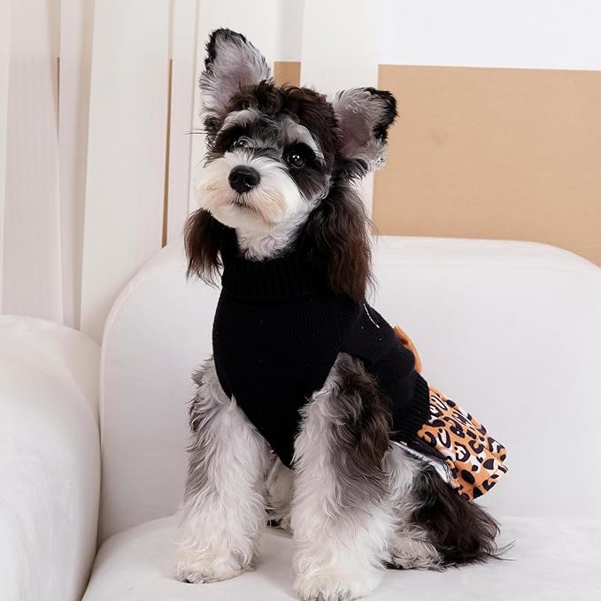 CuteBone Leopard Brown Dog Sweater Dress Wild Love Knit Turtleneck Puppy Sweater with Bowtie Harness Hole Pullover Winter Dress for Medium Dogs