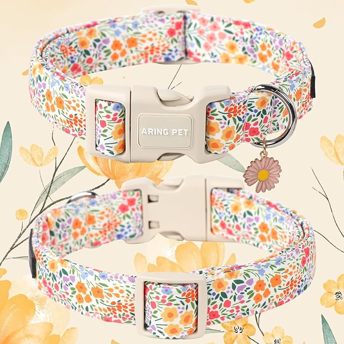 ARING PET Spring Summer Girl Dog Collar-Cute Dog Collars for Small Dogs, Adjustable Cotton Floral Pet Collars Puppy Collar for Small Medium Large Dogs
