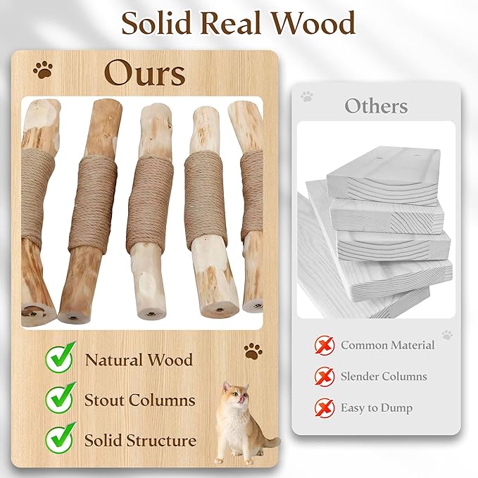 HITTITE Natural Solid Wood Cat Tree Tower with Scratching Post, 32 Inches Tall Modern Cat Tower with Rattan Bed and Platforms, Luxury Real Branch Cat Tree for Indoor Cats Large Adult, Khaki.