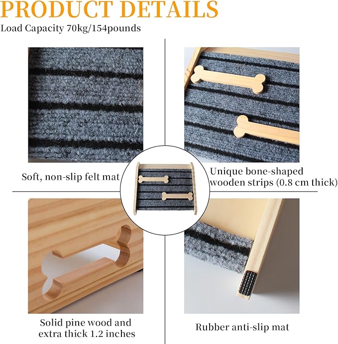 2-Pack Wooden Pet Stair Ramp - Felt Surface with Non-Slip Ribs Natural Pine Wood Suitable for Small Medium Dogs, assists Senior Dogs and Injured Pets up and Provides a Safe Indoor Passageway.