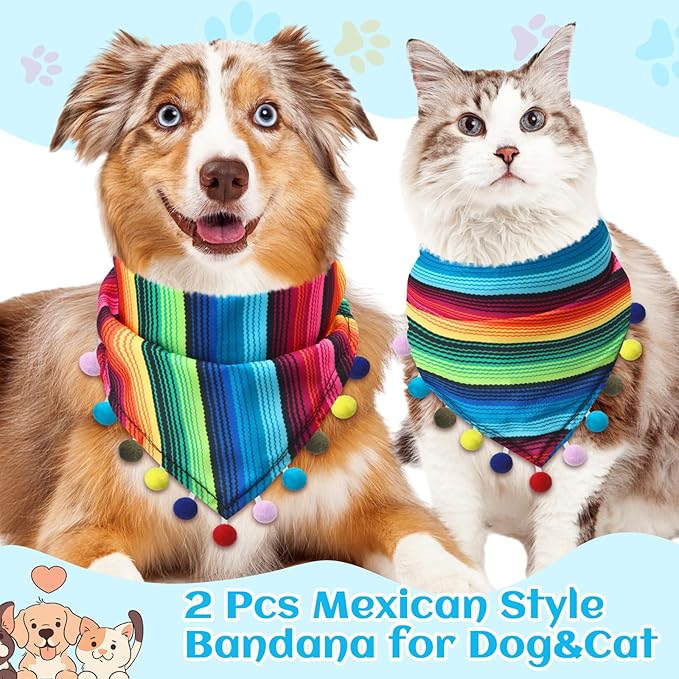 2 Pcs Mexican Dog Bandana Cinco De Mayo Fiesta Dog Costume Summer Mexican Pet Triangle Bib Adjustable with Pom Poms for Small Medium Pets Cats
